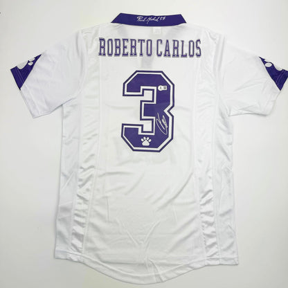 Autographed/Signed Roberto Carlos Real Madrid White Soccer Jersey Beckett BAS COA #2