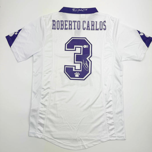 Autographed/Signed Roberto Carlos Real Madrid White Soccer Jersey Beckett BAS COA #2