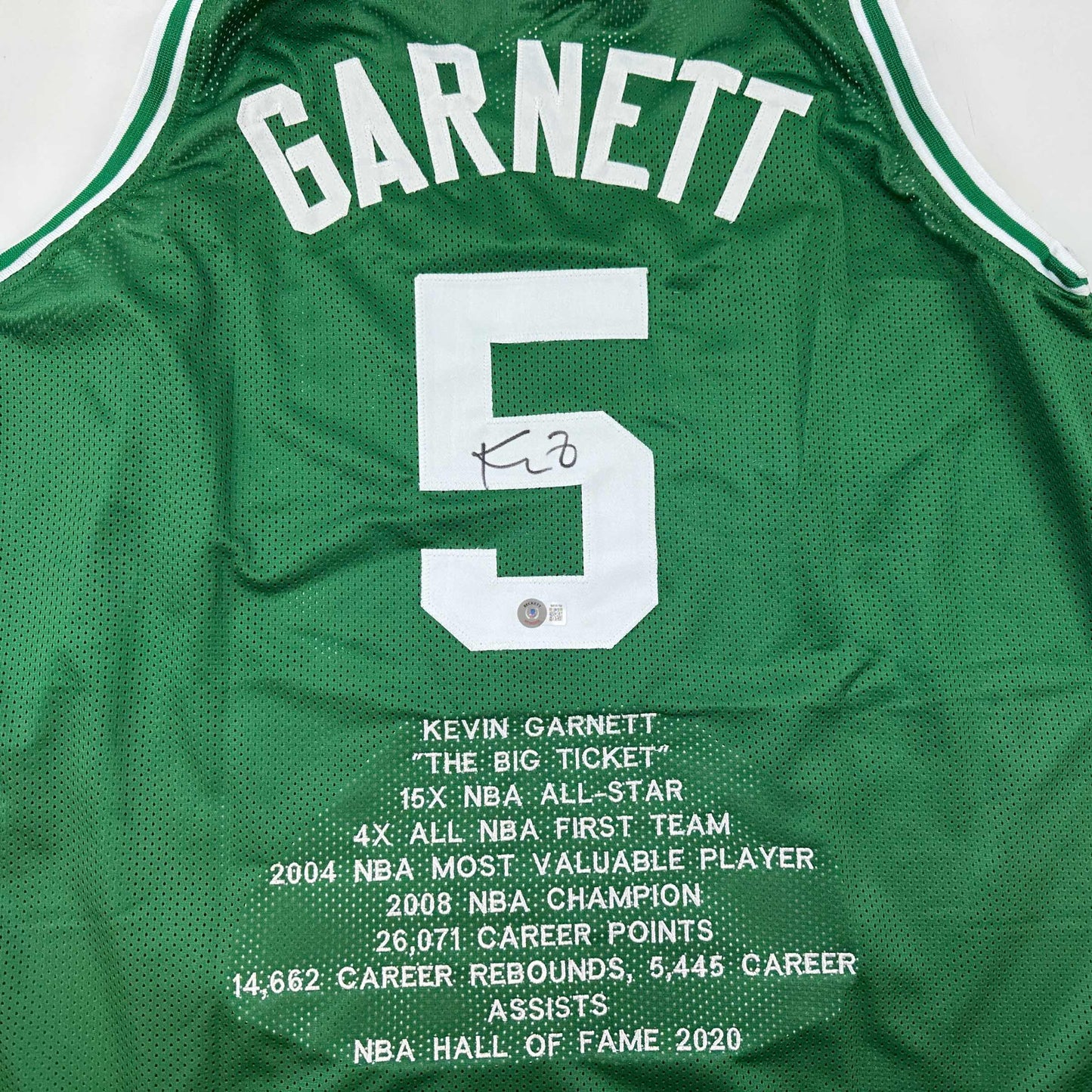 Autographed/Signed Kevin Garnett Boston Green Stat Basketball Jersey Beckett BAS COA