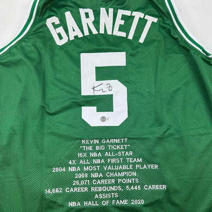 Autographed/Signed Kevin Garnett Boston Green Stat Basketball Jersey Beckett BAS COA