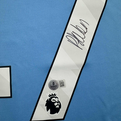 Framed Autographed/Signed Phil Foden 35x39 Manchester City Blue Soccer Futbol Jersey Beckett BAS COA #3