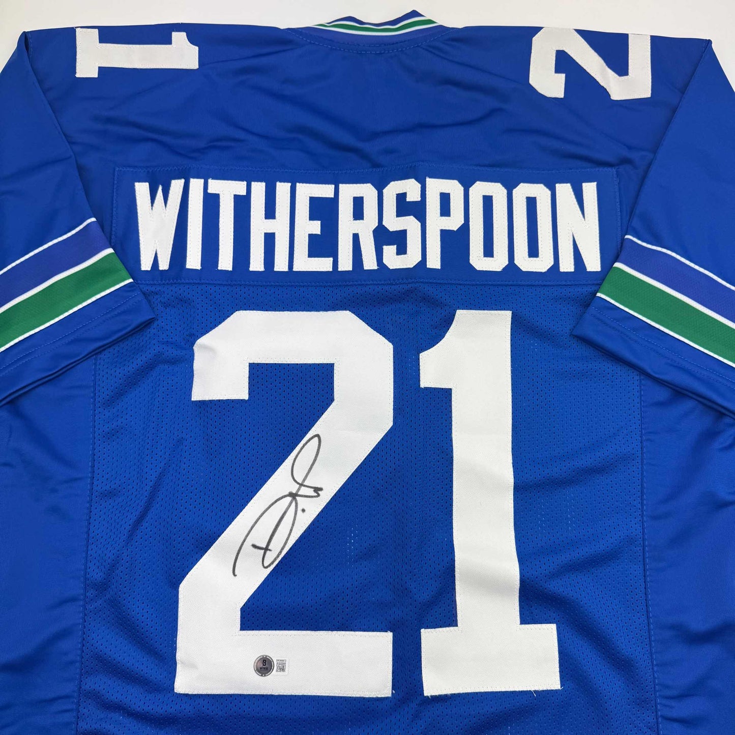 Autographed/Signed Devon Witherspoon Seattle Blue Retro Football Jersey Beckett BAS COA