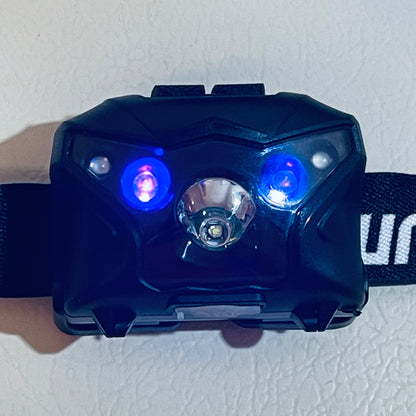 LED Headlamp – USB Rechargeable – White, Red, and Blue/Violet Lights – Adjustable Headband