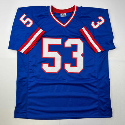 Autographed/Signed Harry Carson New York Blue Football Jersey Beckett BAS COA