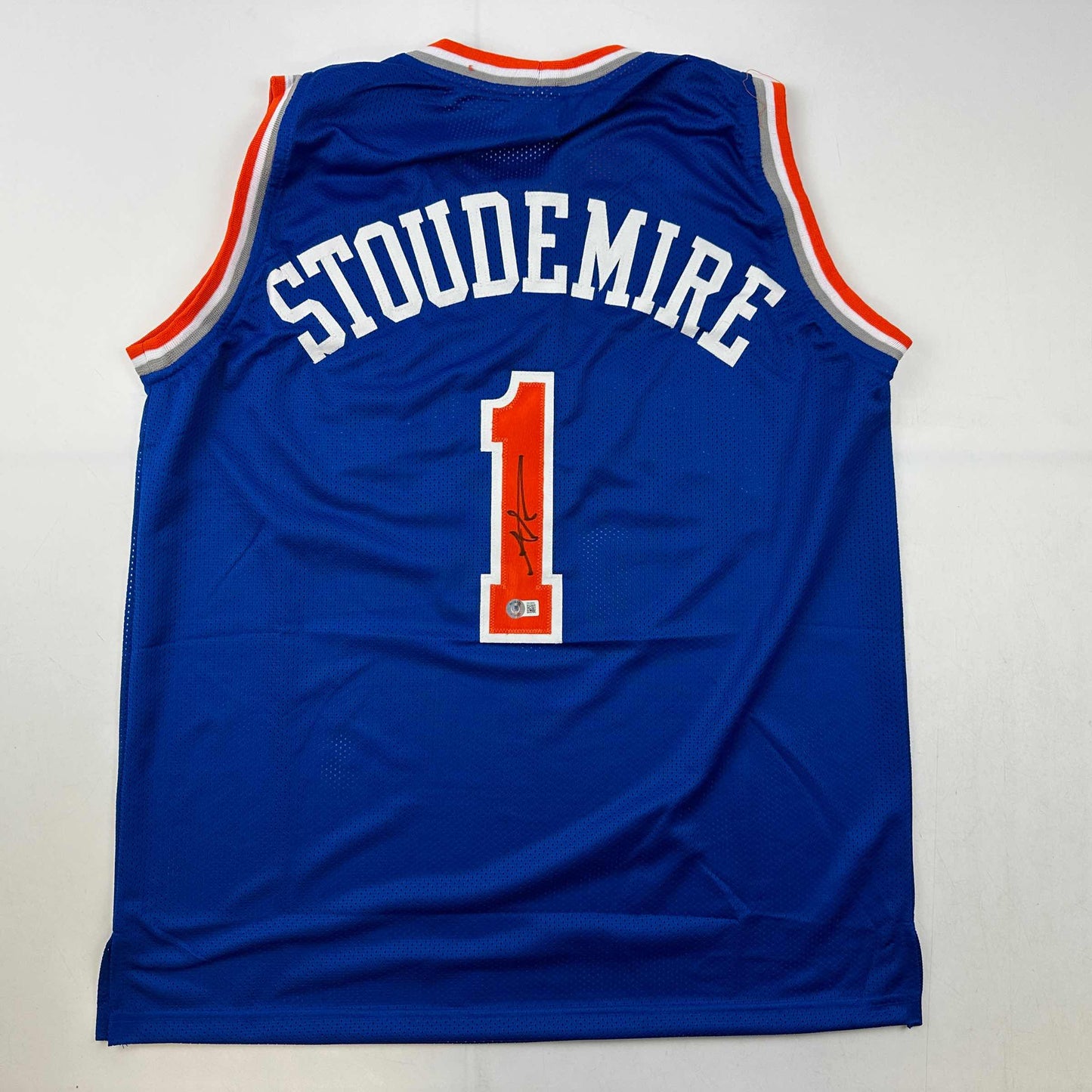 Autographed/Signed Amare Stoudemire New York Blue Basketball Jersey Beckett BAS COA