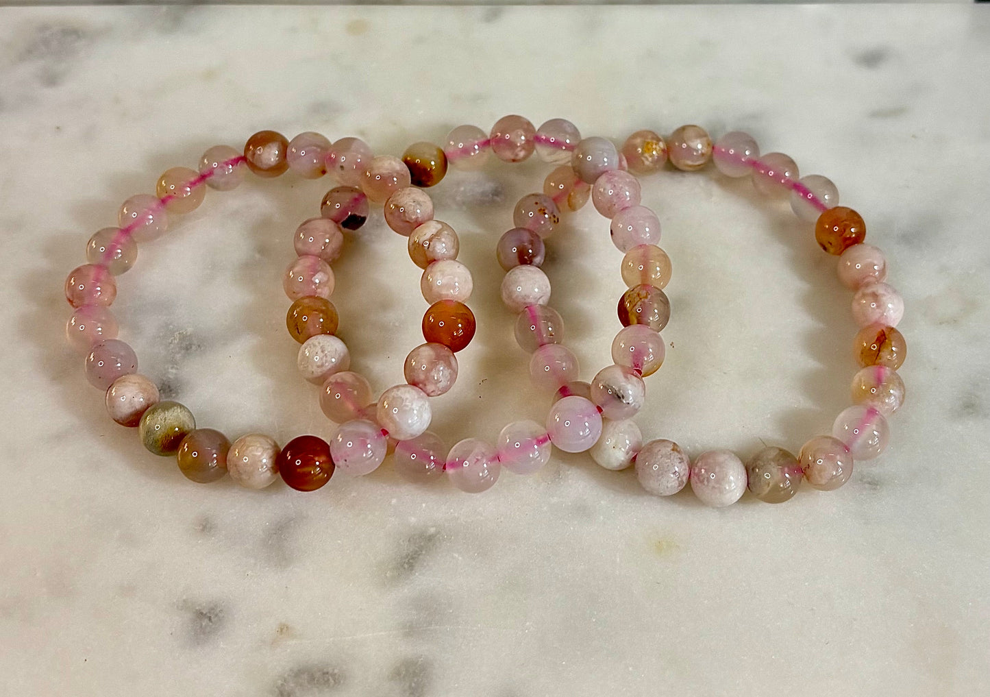 Pink Flower Agate (Cherry Agate) Bracelet – 8mm Beads, Small to Medium Wrists