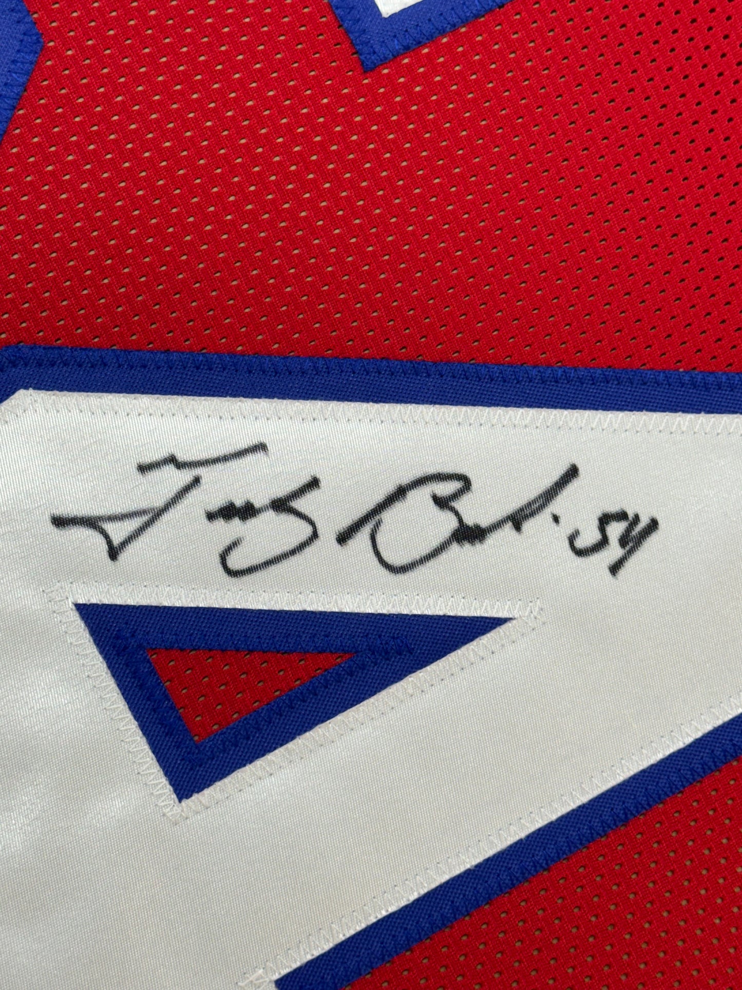 Framed Autographed/Signed Tedy Bruschi 35x39 New England Red Football Jersey JSA COA