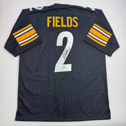 Autographed/Signed Justin Fields Pittsburgh Black Football Jersey Beckett BAS COA