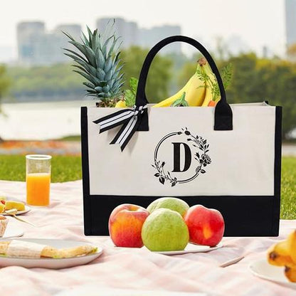 Personalized Initial Jute/Canvas Beach Bag, Monogrammed Gift Tote Bag for Women