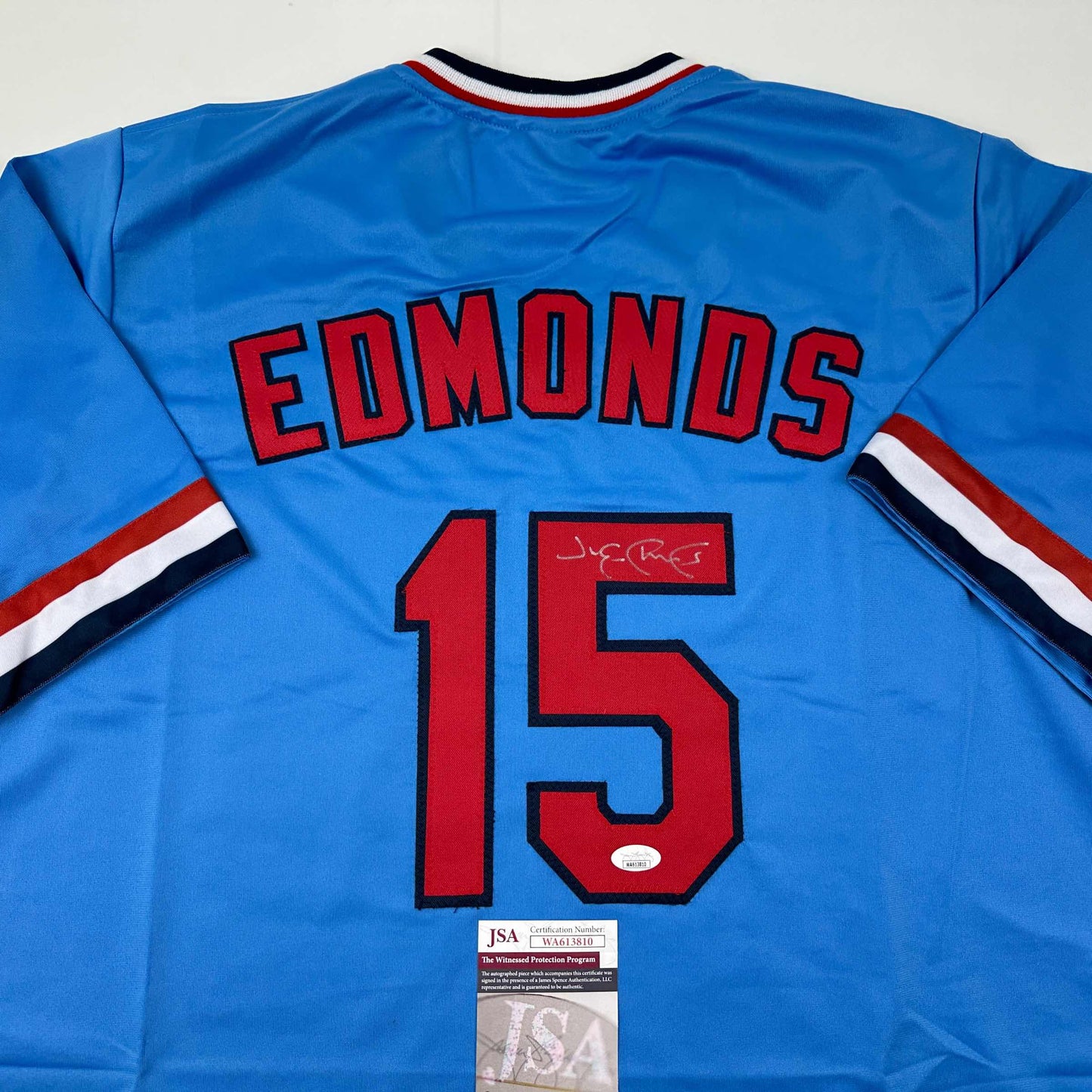 Autographed/Signed Jim Edmonds St. Louis Blue Baseball Jersey JSA COA