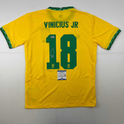 Autographed/Signed Vini Vinicius Jr. #18 Brazil Yellow Soccer Jersey Beckett BAS COA