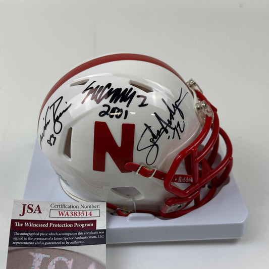 Autographed/Signed Johnny Rodgers, Mike Rozier, Eric Crouch Nebraska Cornhuskers Heisman Trophy Winners Mini College Football Helmet JSA COA