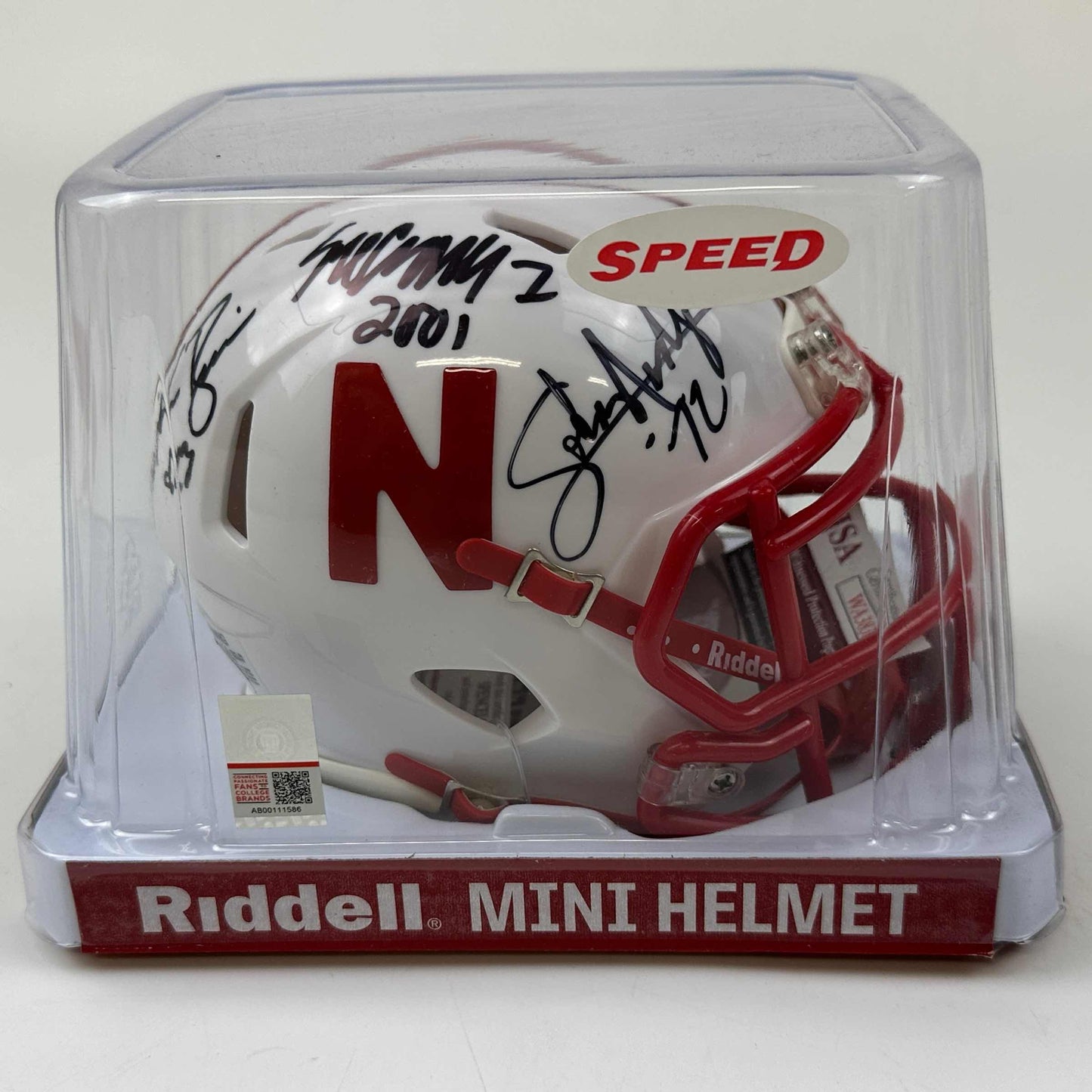 Autographed/Signed Johnny Rodgers, Mike Rozier, Eric Crouch Nebraska Cornhuskers Heisman Trophy Winners Mini College Football Helmet JSA COA