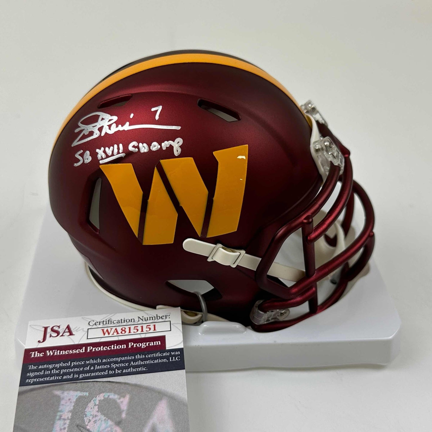 Autographed/Signed Joe Theismann SB XVII Champ Washington Commanders Mini Football Helmet JSA COA