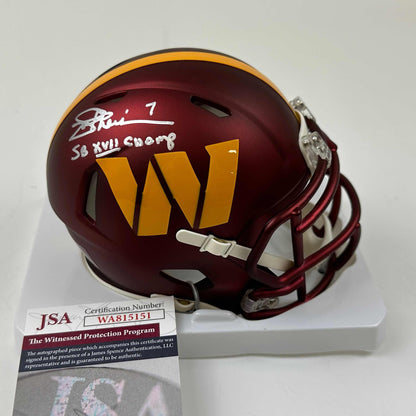 Autographed/Signed Joe Theismann SB XVII Champ Washington Commanders Mini Football Helmet JSA COA