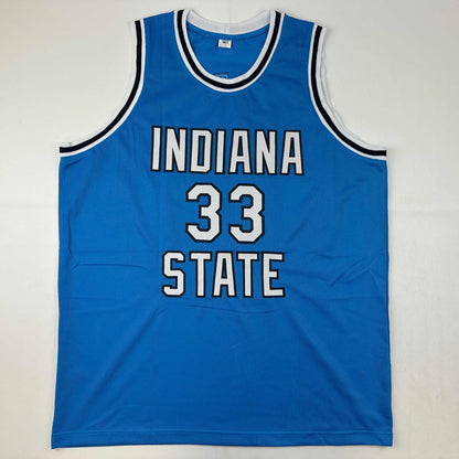 Autographed/Signed Larry Bird Indiana State Blue College Basketball Jersey JSA COA