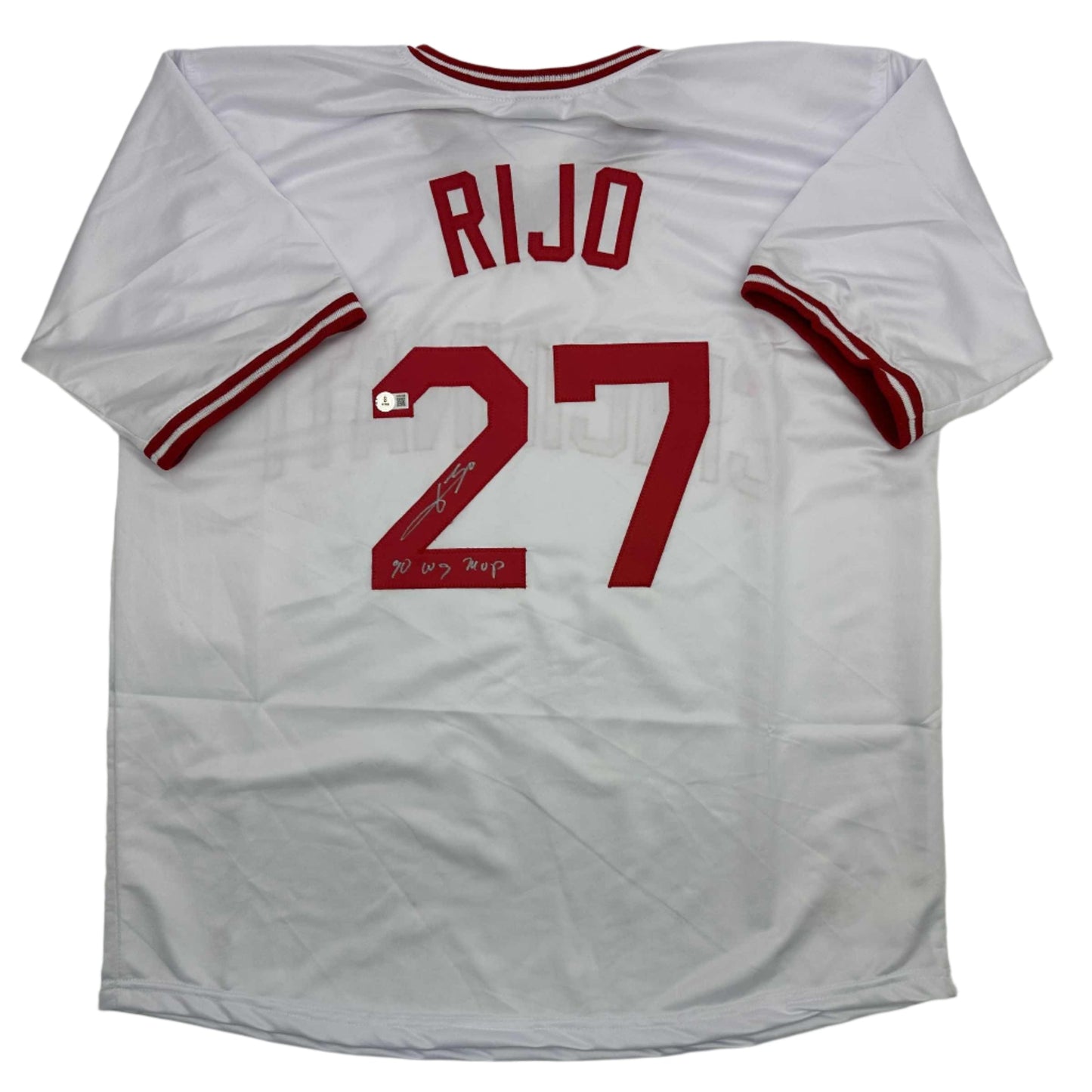 Autographed/Signed Jose Rijo 90 WS MVP Cincinnati White Baseball Jersey Beckett BAS COA