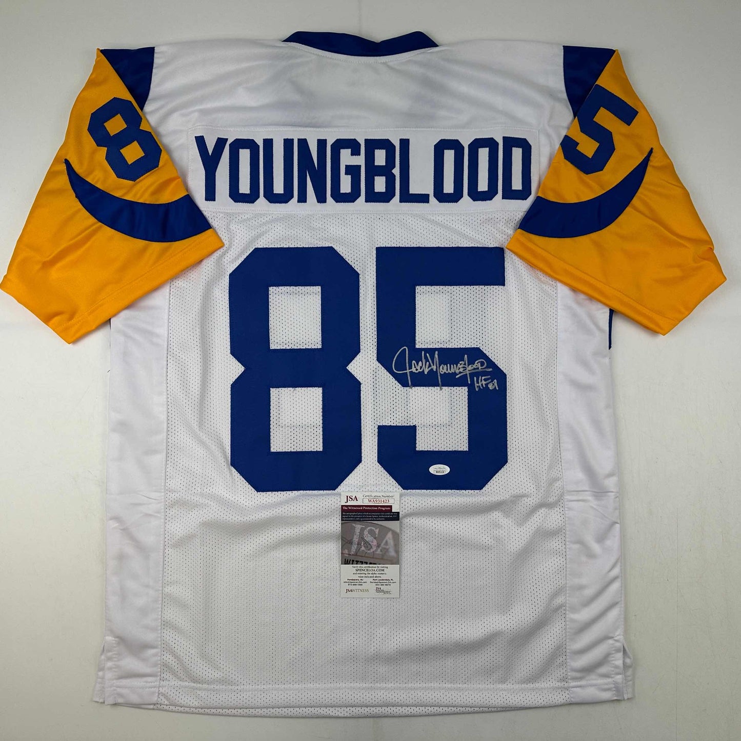 Autographed/Signed Jack Youngblood HOF 01 Los Angeles LA White Football Jersey JSA COA