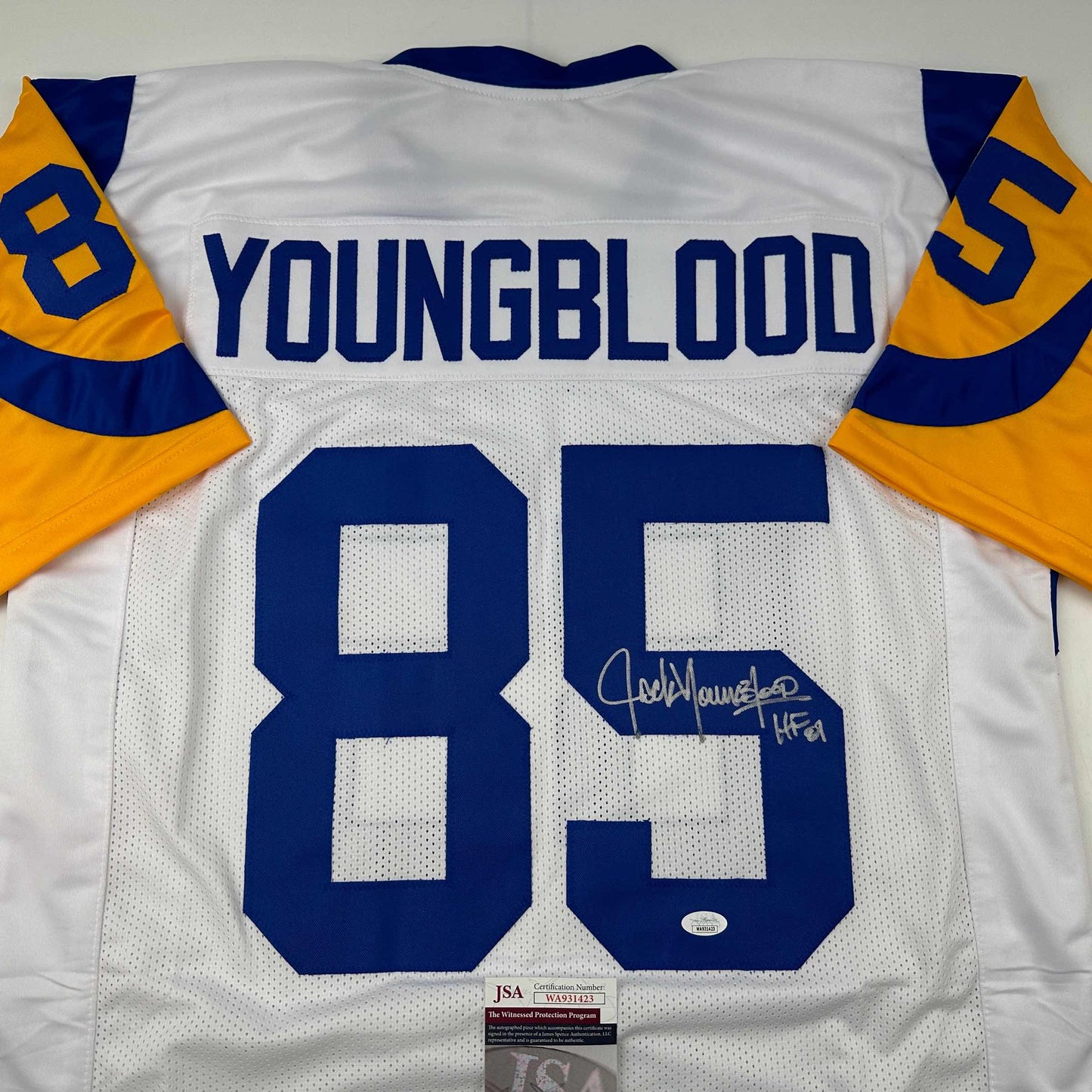 Autographed/Signed Jack Youngblood HOF 01 Los Angeles LA White Football Jersey JSA COA