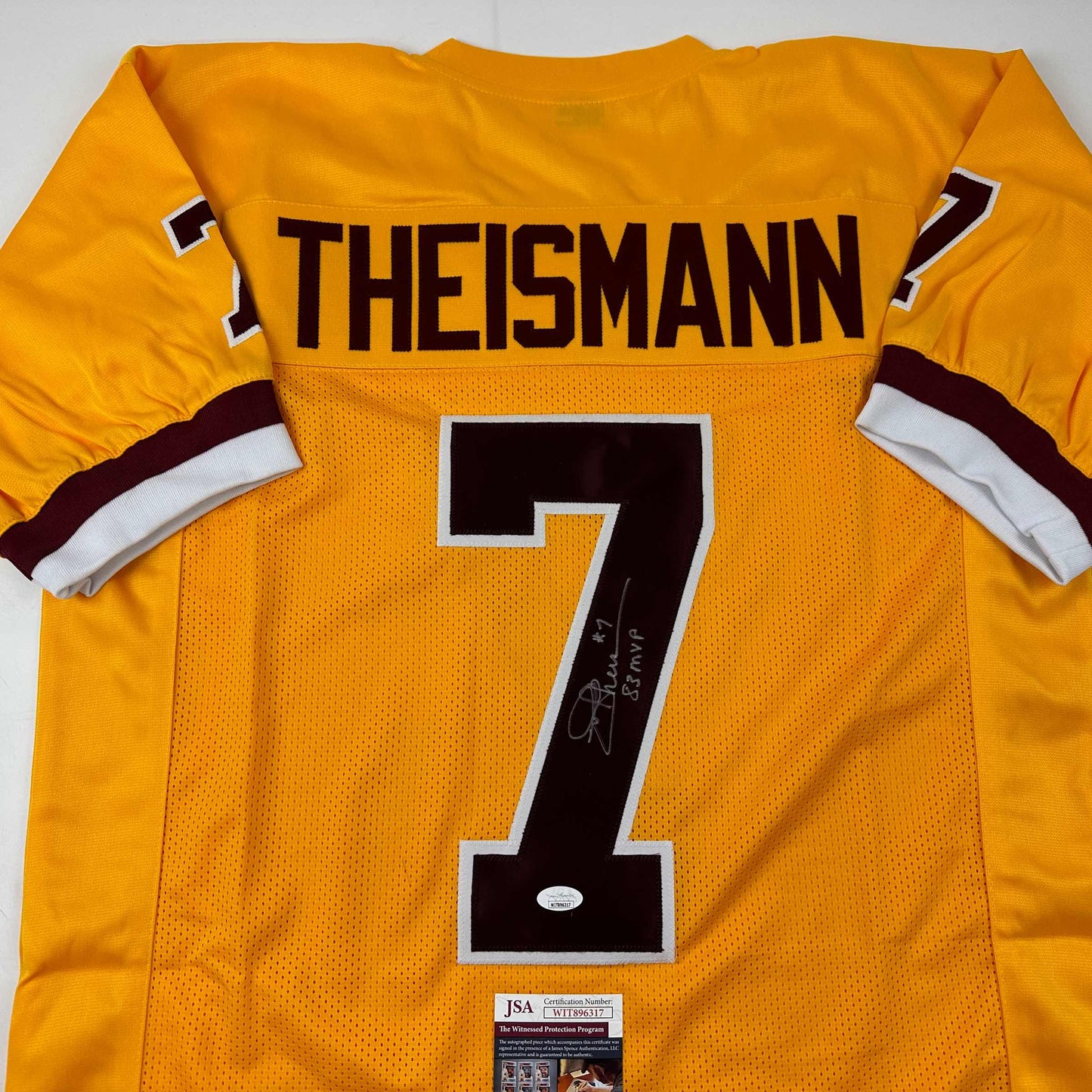 Autographed/Signed Joe Theismann 83 MVP Washington Yellow Football Jersey JSA COA
