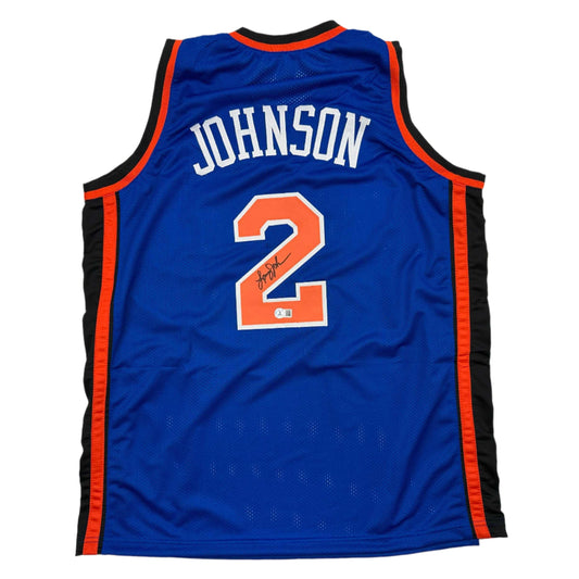 Autographed/Signed Larry Johnson New York Blue Basketball Jersey Beckett BAS COA
