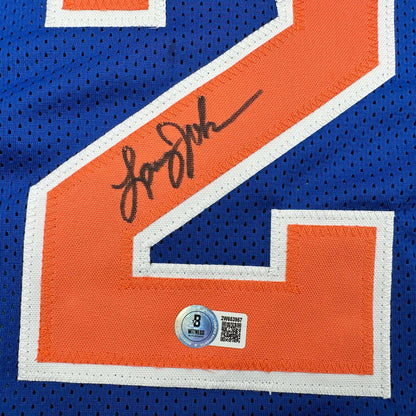 Autographed/Signed Larry Johnson New York Blue Basketball Jersey Beckett BAS COA