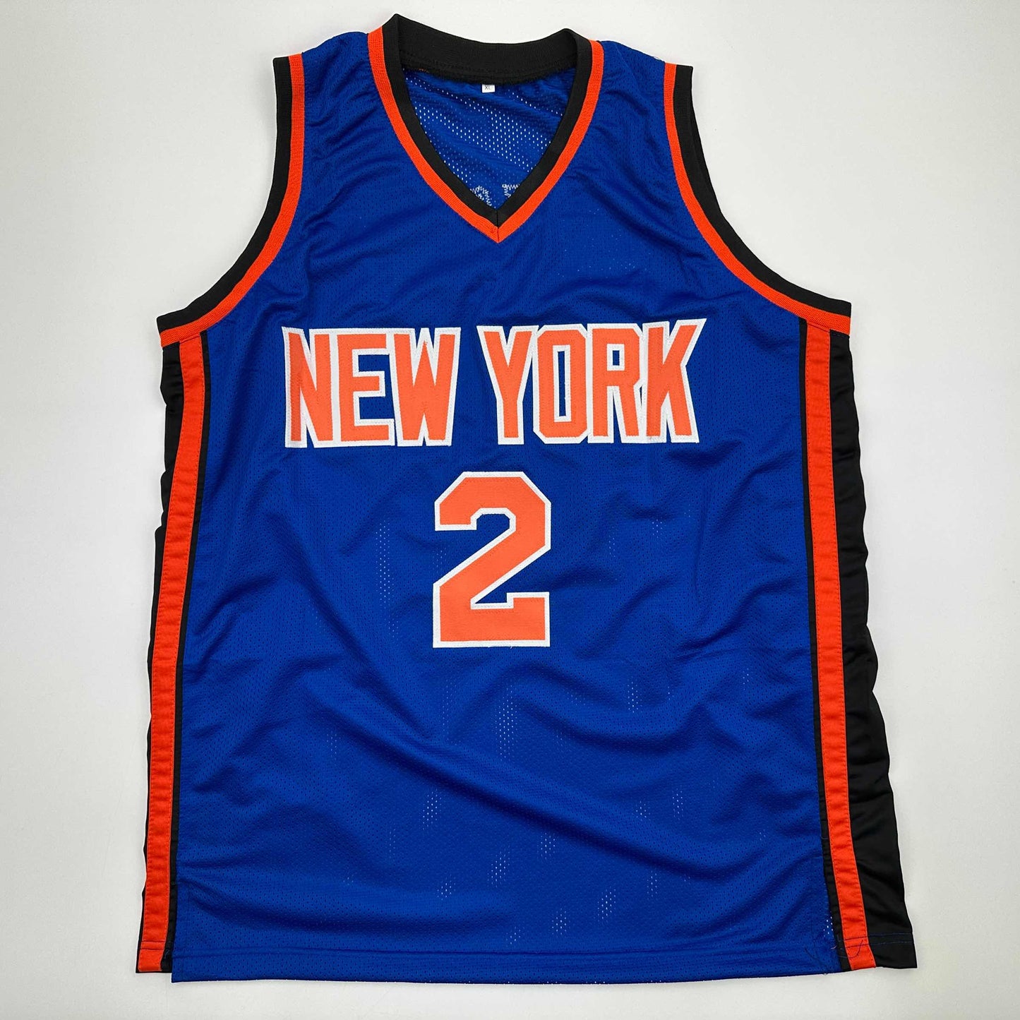 Autographed/Signed Larry Johnson New York Blue Basketball Jersey Beckett BAS COA