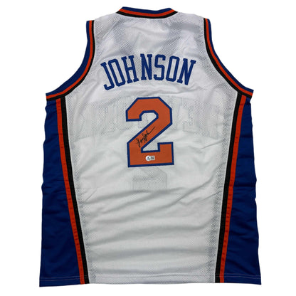 Autographed/Signed Larry Johnson New York White Basketball Jersey Beckett BAS COA