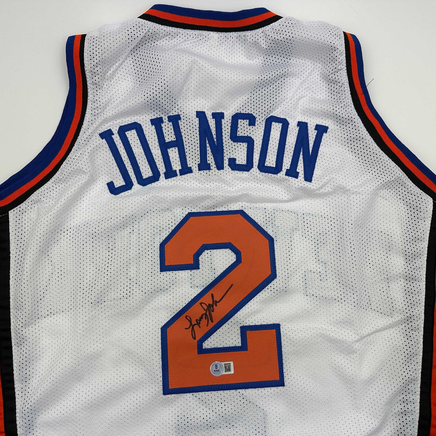 Autographed/Signed Larry Johnson New York White Basketball Jersey Beckett BAS COA