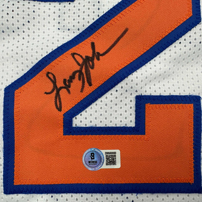 Autographed/Signed Larry Johnson New York White Basketball Jersey Beckett BAS COA