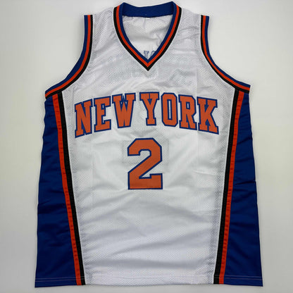 Autographed/Signed Larry Johnson New York White Basketball Jersey Beckett BAS COA