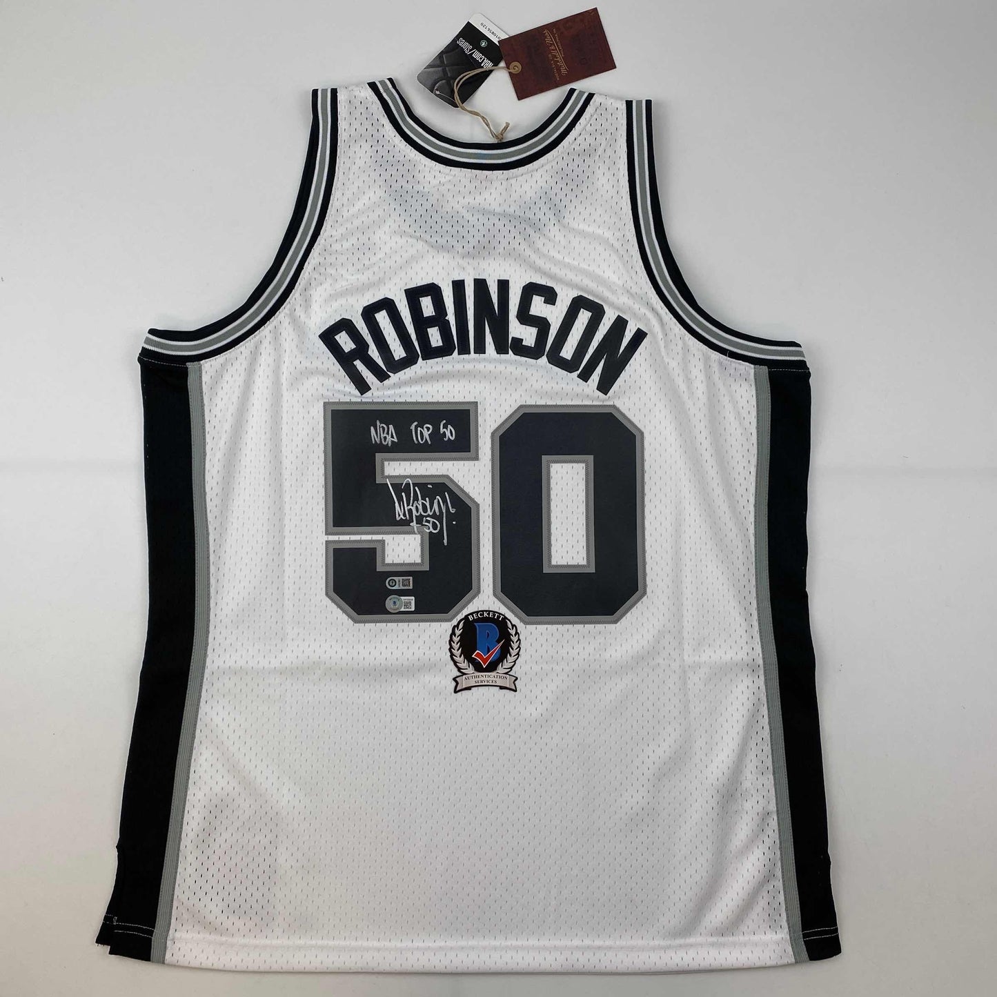 Autographed/Signed David Robinson NBA Top 50 San Antonio Spurs White Authentic M&N Basketball Jersey Beckett BAS COA