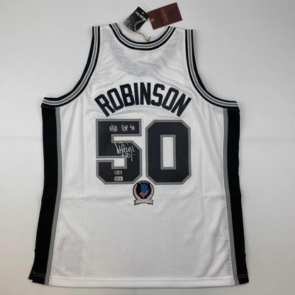 Autographed/Signed David Robinson NBA Top 50 San Antonio Spurs White Authentic M&N Basketball Jersey Beckett BAS COA