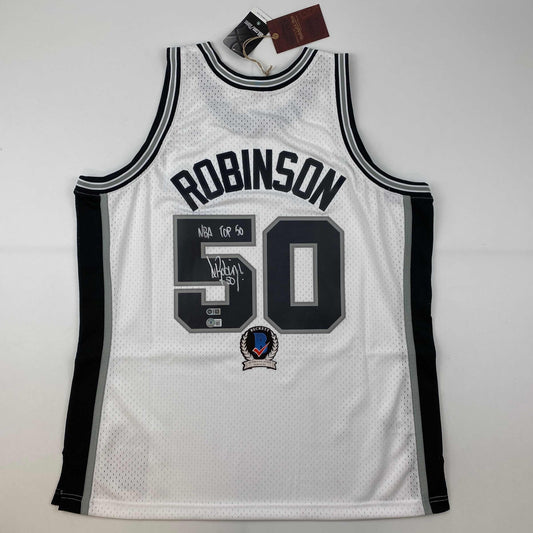 Autographed/Signed David Robinson NBA Top 50 San Antonio Spurs White Authentic M&N Basketball Jersey Beckett BAS COA