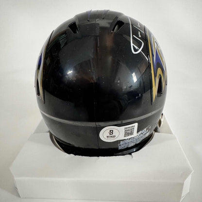 Autographed/Signed Justin Tucker Baltimore Ravens Mini Football Helmet Beckett BAS COA