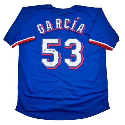 Autographed/Signed Adolis Garcia Texas Blue Baseball Jersey Beckett BAS COA