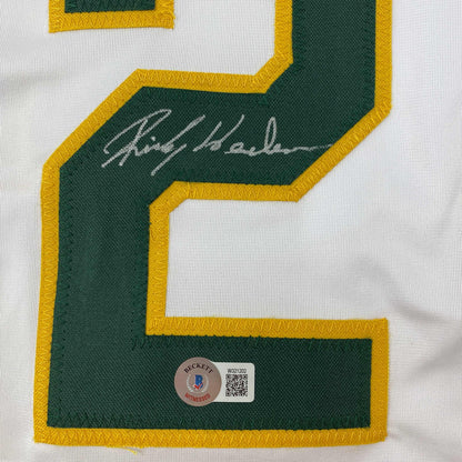 Autographed/Signed Rickey Henderson Oakland White Baseball Jersey Beckett BAS COA