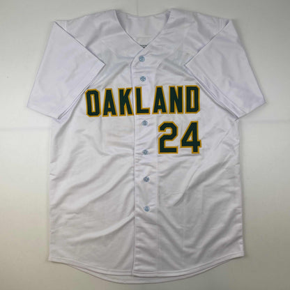 Autographed/Signed Rickey Henderson Oakland White Baseball Jersey Beckett BAS COA
