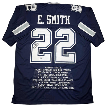 Autographed/Signed Emmitt Smith Dallas Blue Stat Football Jersey Beckett BAS COA