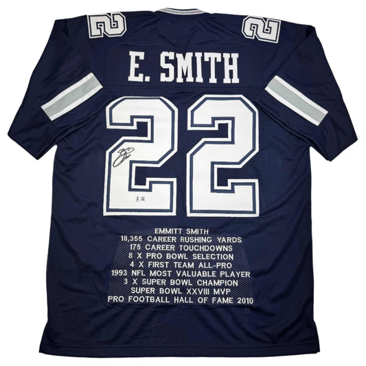 Autographed/Signed Emmitt Smith Dallas Blue Stat Football Jersey Beckett BAS COA