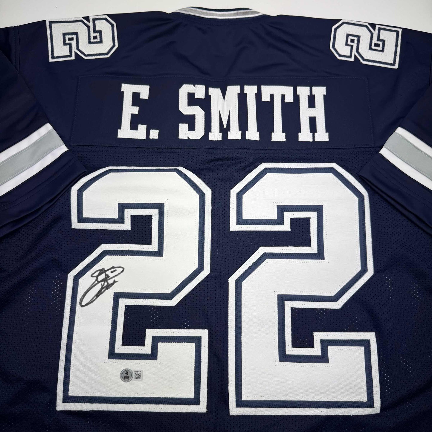 Autographed/Signed Emmitt Smith Dallas Blue Stat Football Jersey Beckett BAS COA