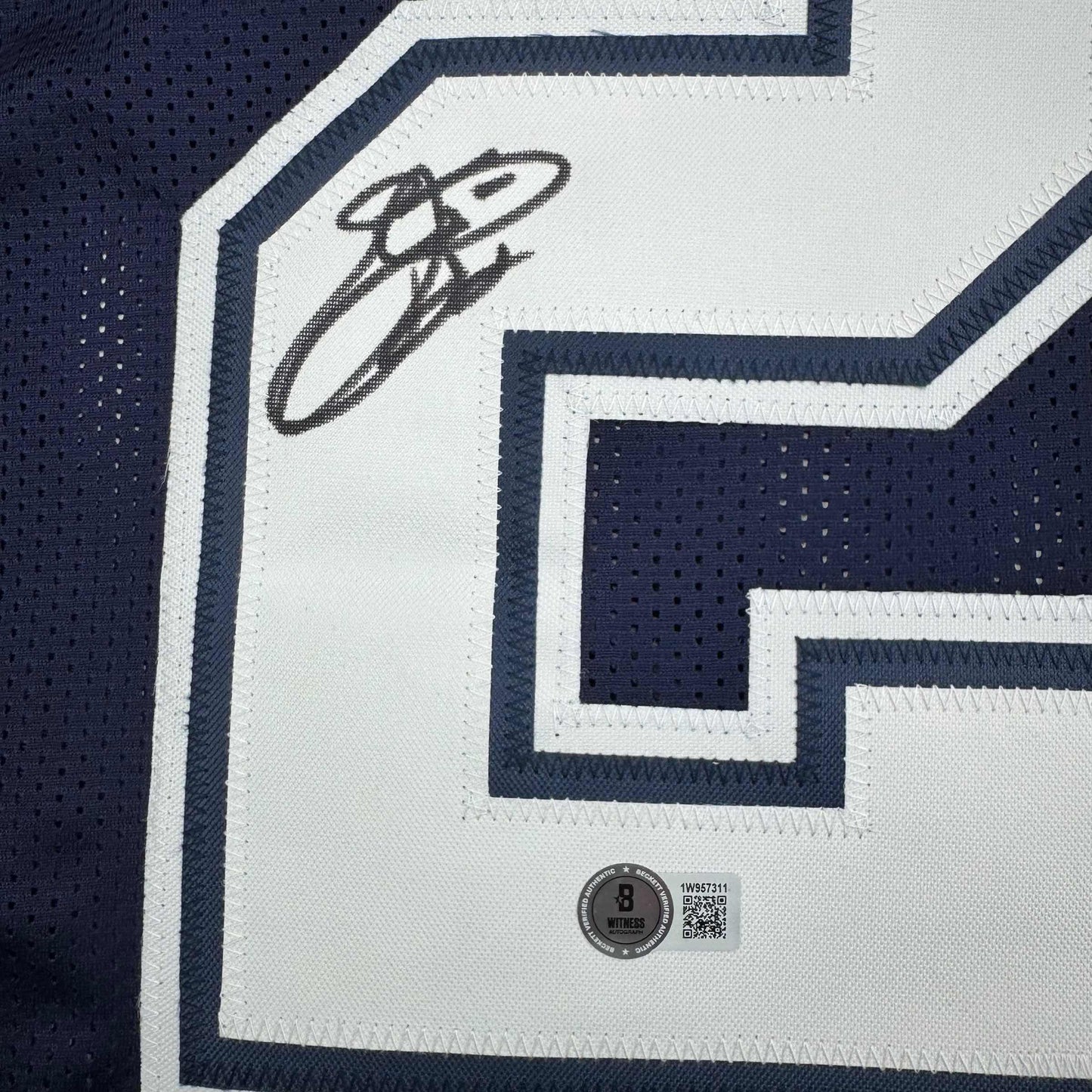 Autographed/Signed Emmitt Smith Dallas Blue Stat Football Jersey Beckett BAS COA
