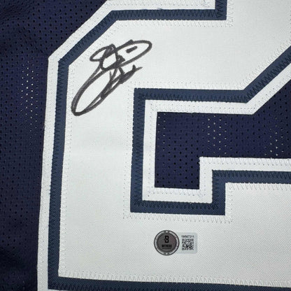 Autographed/Signed Emmitt Smith Dallas Blue Stat Football Jersey Beckett BAS COA
