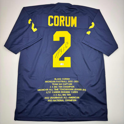 Autographed/Signed Blake Corum Michigan Blue Stat College Football Jersey Beckett BAS COA