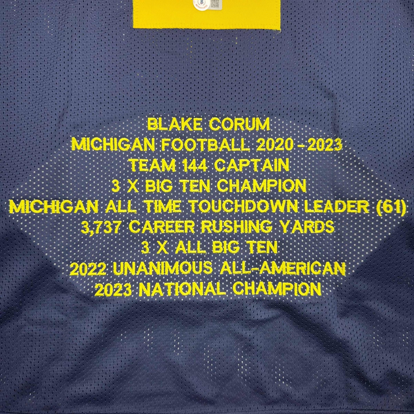 Autographed/Signed Blake Corum Michigan Blue Stat College Football Jersey Beckett BAS COA