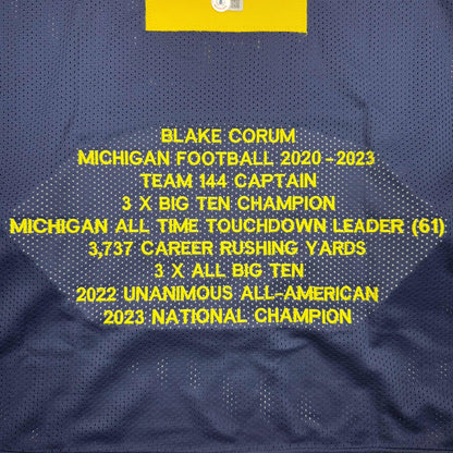 Autographed/Signed Blake Corum Michigan Blue Stat College Football Jersey Beckett BAS COA