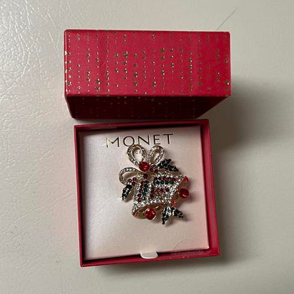 Monet Jewelry Multi Color Christmas Glass Bell Pin