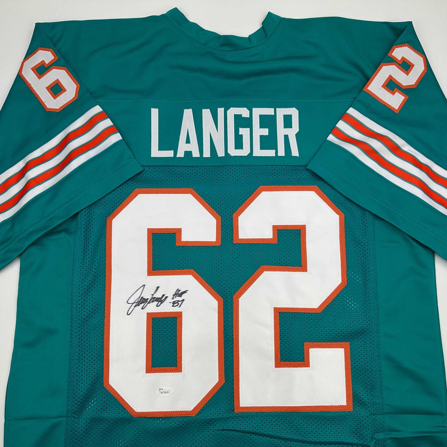 Autographed/Signed Jim Langer HOF 87 Miami Teal Football Jersey JSA COA