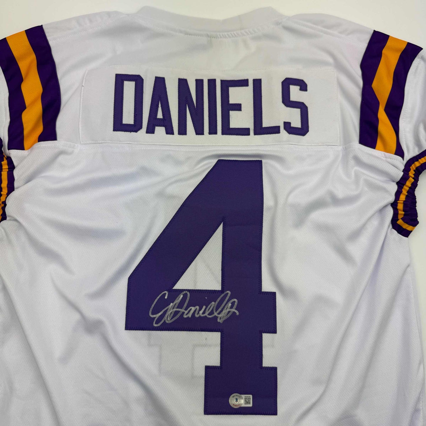 Autographed/Signed CJ C.J. Daniels LSU White College Football Jersey Beckett BAS COA