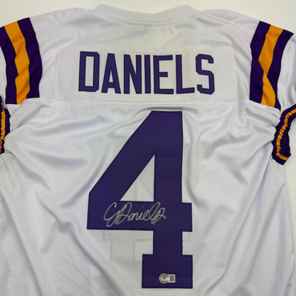 Autographed/Signed CJ C.J. Daniels LSU White College Football Jersey Beckett BAS COA